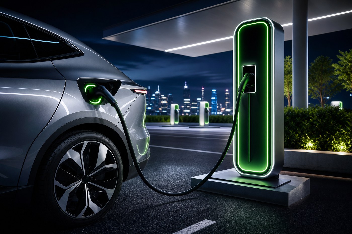 Electric car charging at night with glowing indicator